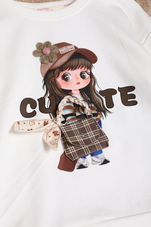 Ekru Kız Çocuk Cute Yazılı Çanta Detaylı Bisiklet Yaka Sweatshirt 25099