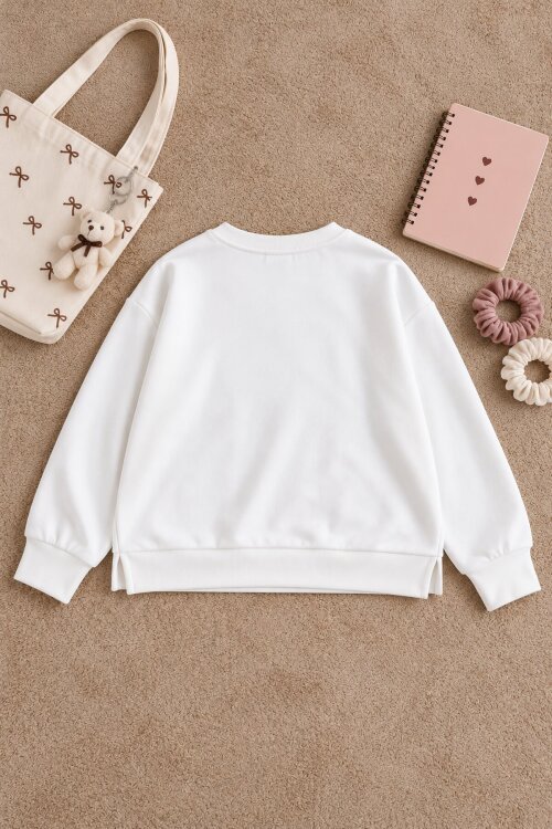 Ekru Kız Çocuk Cute Yazılı Çanta Detaylı Bisiklet Yaka Sweatshirt 25099