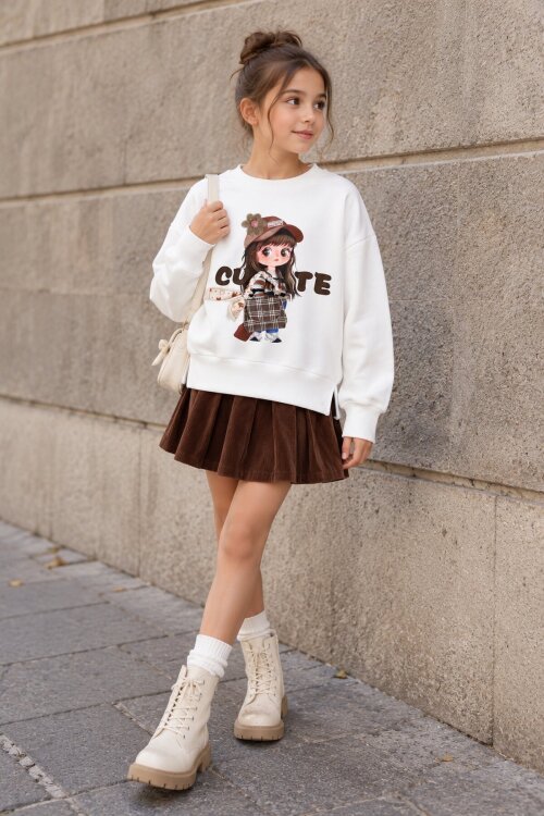 Ekru Kız Çocuk Cute Yazılı Çanta Detaylı Bisiklet Yaka Sweatshirt 25099