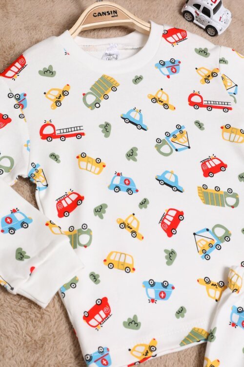 Erkek Çocuk Beyaz Araba Desenli Pijama Takımı 2-5 Yaş 25038