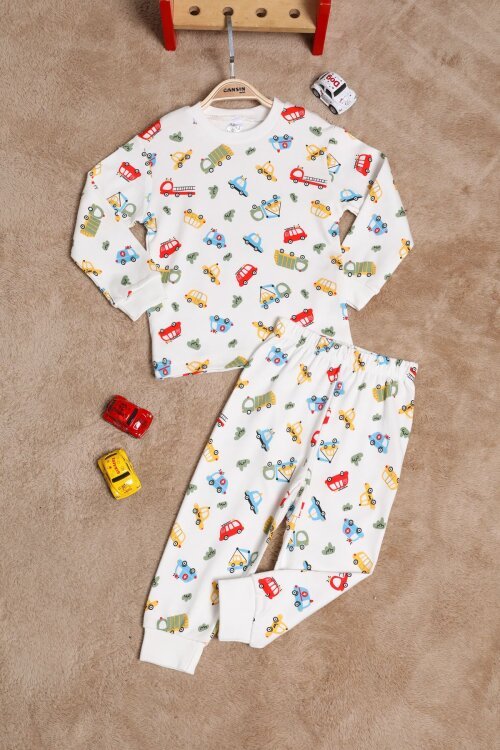 Erkek Çocuk Beyaz Araba Desenli Pijama Takımı 2-5 Yaş 25038
