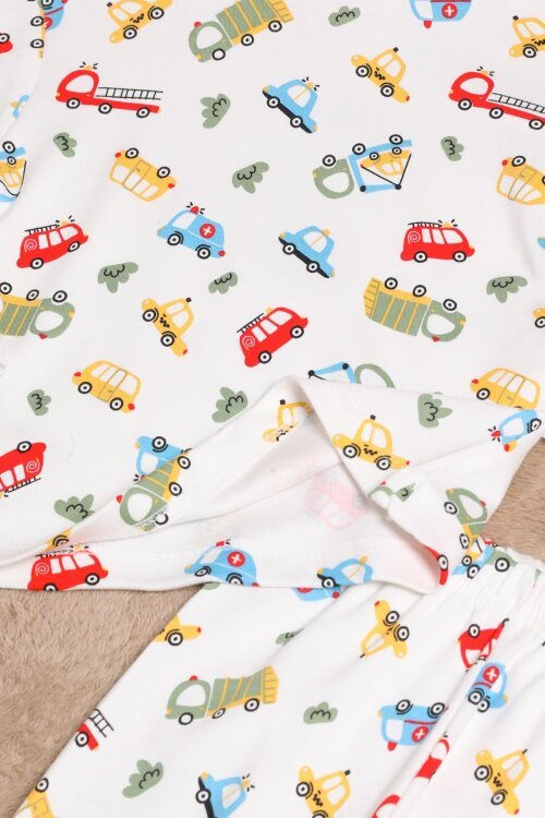 Erkek Çocuk Beyaz Araba Desenli Pijama Takımı 2-5 Yaş 25038