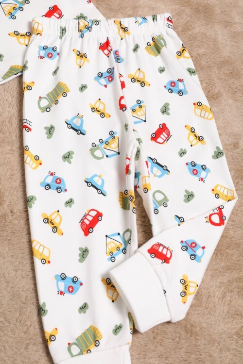 Erkek Çocuk Beyaz Araba Desenli Pijama Takımı 2-5 Yaş 25038