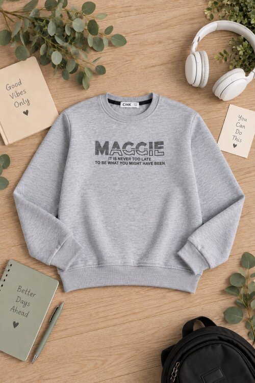 Gri Erkek Çocuk Yazı Baskılı Bisiklet Yaka Şardonlu Uzun Kol Sweatshirt 24964
