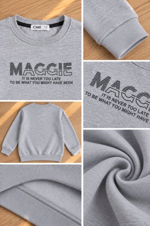 Gri Erkek Çocuk Yazı Baskılı Bisiklet Yaka Şardonlu Uzun Kol Sweatshirt 24964