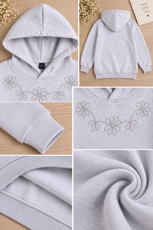 Gri Kız Çocuk Çiçek Nakışlı Kapüşonlu 3 İplik Sweatshirt 24985