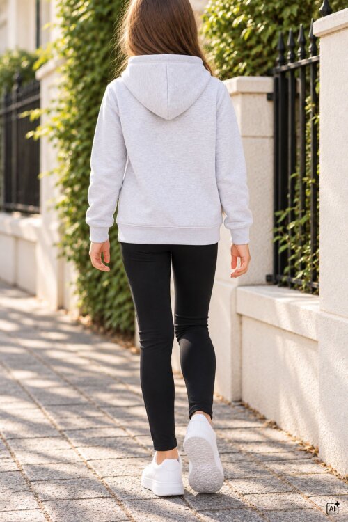 Gri Kız Çocuk Çiçek Nakışlı Kapüşonlu 3 İplik Sweatshirt 24985