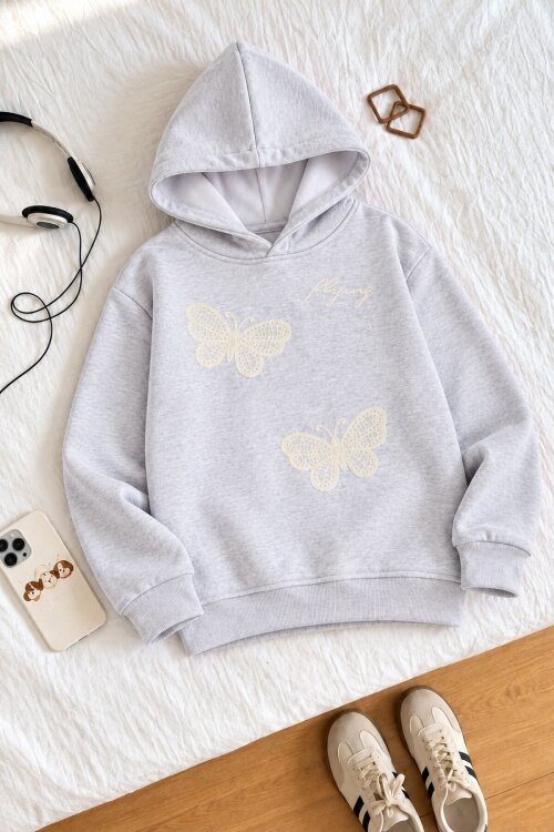 Gri Kız Çocuk Kelebek Nakışlı Şardonlu Kapüşonlu Sweatshirt  25029