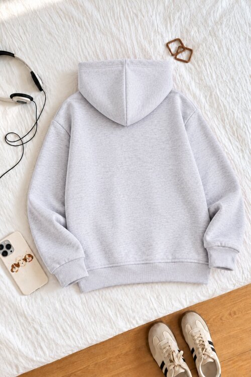 Gri Kız Çocuk Kelebek Nakışlı Şardonlu Kapüşonlu Sweatshirt  25029