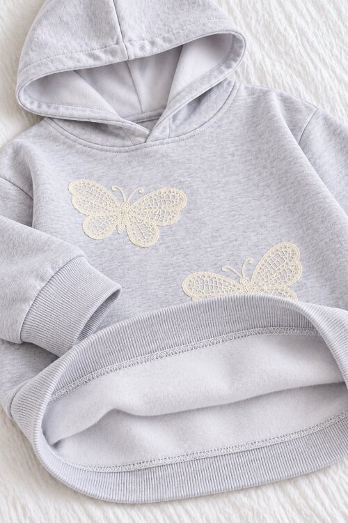 Gri Kız Çocuk Kelebek Nakışlı Şardonlu Kapüşonlu Sweatshirt  25029