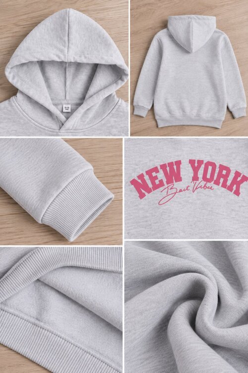 Gri Kız Çocuk New York Baskılı 3 İplik Kapüşonlu Sweatshirt 24991