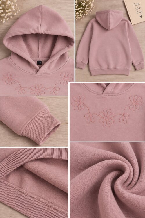 Gül Kurusu Kız Çocuk Çiçek Nakışlı Kapüşonlu 3 İplik Sweatshirt 24987