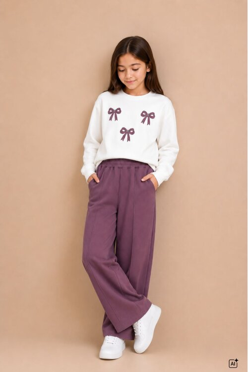 Gül Kurusu Kız Çocuk Fiyonk Desenli Sweatshirt Geniş Paça Eşofman Takımı 24827