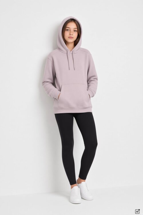 Gül Kurusu Kız Çocuk Kanguru Cepli Şardonlu Kapüşonlu Sweatshirt 24690
