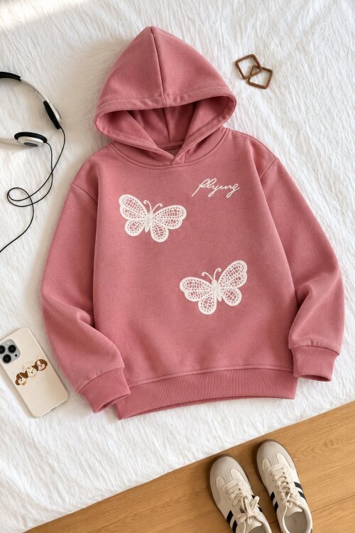 Gül Kurusu Kız Çocuk Kelebek Nakışlı Şardonlu Kapüşonlu Sweatshirt  25030