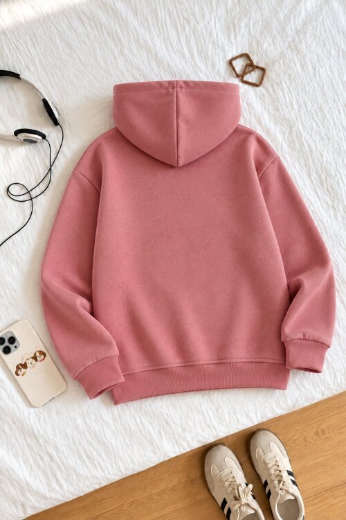 Gül Kurusu Kız Çocuk Kelebek Nakışlı Şardonlu Kapüşonlu Sweatshirt  25030