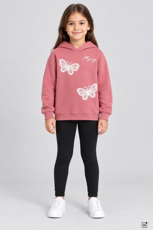 Gül Kurusu Kız Çocuk Kelebek Nakışlı Şardonlu Kapüşonlu Sweatshirt  25030