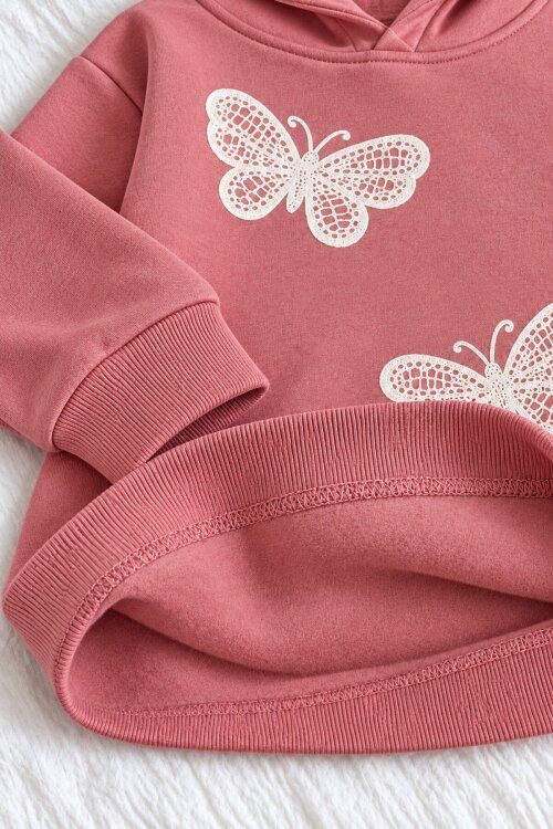 Gül Kurusu Kız Çocuk Kelebek Nakışlı Şardonlu Kapüşonlu Sweatshirt  25030