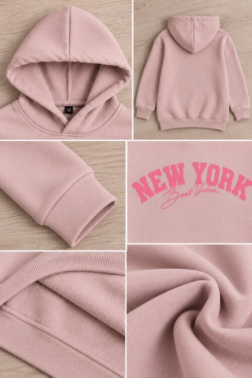 Gül Kurusu Kız Çocuk New York Baskılı 3 İplik Kapüşonlu Sweatshirt 24993