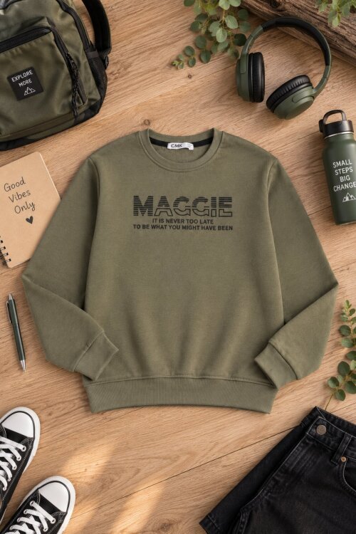 Haki Erkek Çocuk Yazı Baskılı Bisiklet Yaka Şardonlu Uzun Kol Sweatshirt 24966