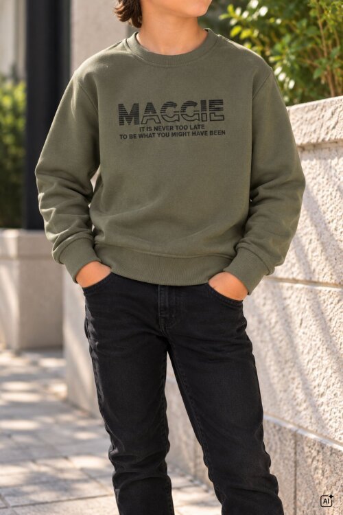 Haki Erkek Çocuk Yazı Baskılı Bisiklet Yaka Şardonlu Uzun Kol Sweatshirt 24966