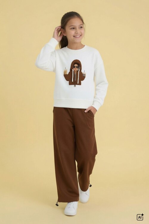 Kahve Kız Çocuk Hoodie Detaylı Sweatshirt Geniş Paça Eşofman Takımı 24782