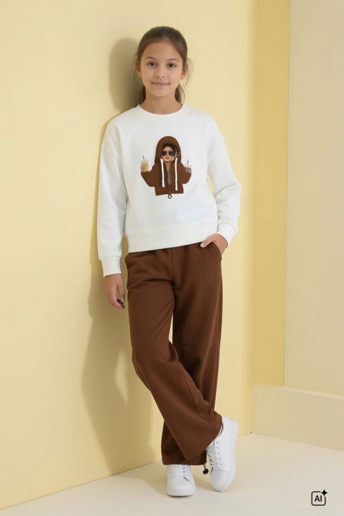 Kahve Kız Çocuk Hoodie Detaylı Sweatshirt Geniş Paça Eşofman Takımı 24782