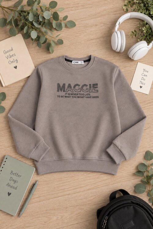 Kahverengi Erkek Çocuk Yazı Baskılı Bisiklet Yaka Şardonlu Uzun Kol Sweatshirt 24965