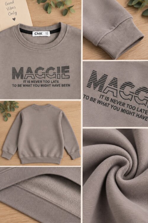 Kahverengi Erkek Çocuk Yazı Baskılı Bisiklet Yaka Şardonlu Uzun Kol Sweatshirt 24965