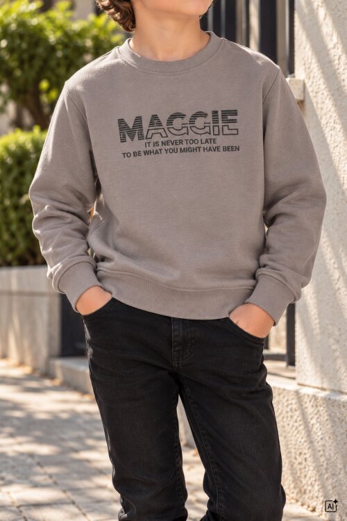 Kahverengi Erkek Çocuk Yazı Baskılı Bisiklet Yaka Şardonlu Uzun Kol Sweatshirt 24965