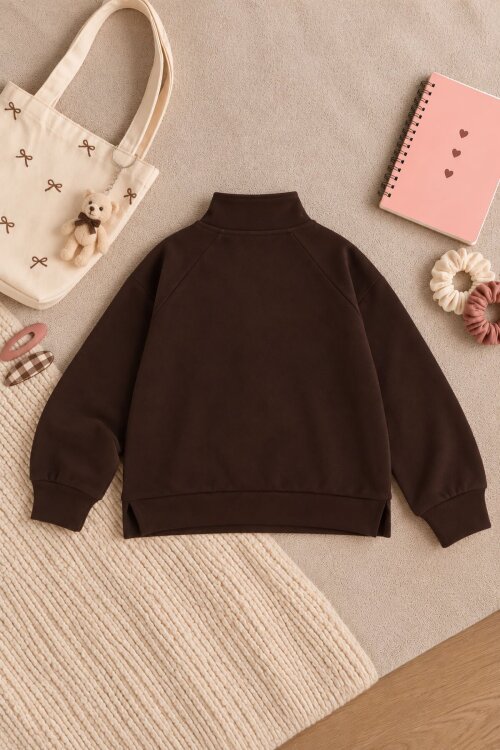 Kahverengi Kız Çocuk Çin Düğmeli Fermuar Yaka Uzun Kol Sweatshirt 25119