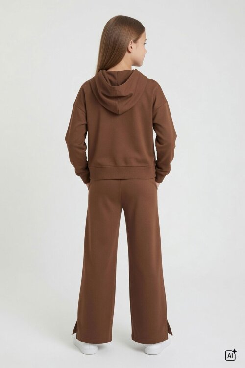Kahverengi Kız Çocuk Çıtçıt Detaylı Kabartmalı Sweatshirt Geniş Paça 2li Eşofman Takımı 24764