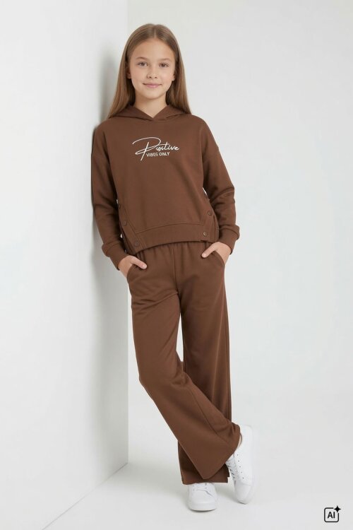 Kahverengi Kız Çocuk Çıtçıt Detaylı Kabartmalı Sweatshirt Geniş Paça 2li Eşofman Takımı 24764