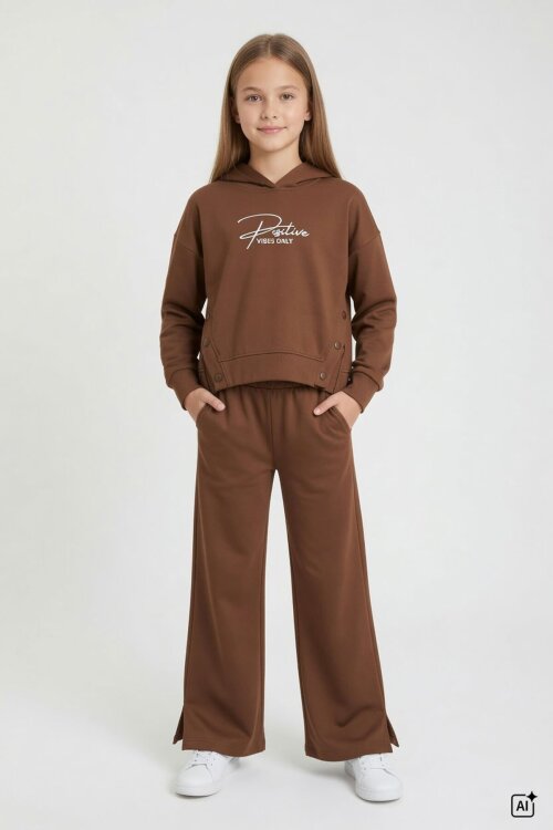 Kahverengi Kız Çocuk Çıtçıt Detaylı Kabartmalı Sweatshirt Geniş Paça 2li Eşofman Takımı 24764