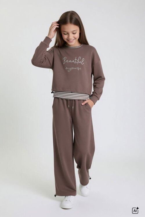 Kahverengi Kız Çocuk Çizgili Croplu Sweatshirt 3lü Geniş Paça Eşofman Takımı 24777