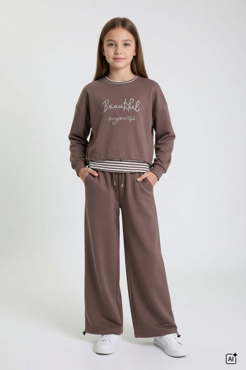 Kahverengi Kız Çocuk Çizgili Croplu Sweatshirt 3lü Geniş Paça Eşofman Takımı 24777