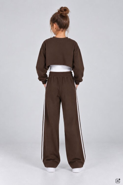 Kahverengi Kız Çocuk Crop Badili Zincir Detaylı Geniş Paça 3lü Takım 25001