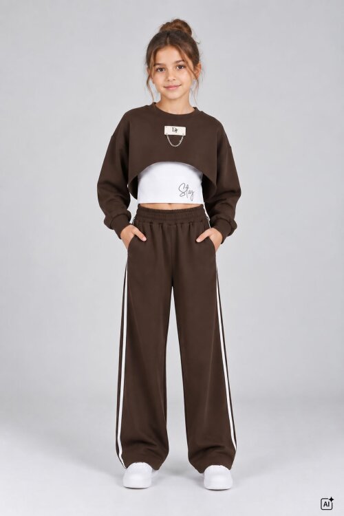 Kahverengi Kız Çocuk Crop Badili Zincir Detaylı Geniş Paça 3lü Takım 25001
