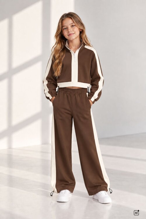 Kahverengi Kız Çocuk Fermuar Yaka Crop Sweatshirt Şeritli Geniş Paça Eşofman Takımı 24944