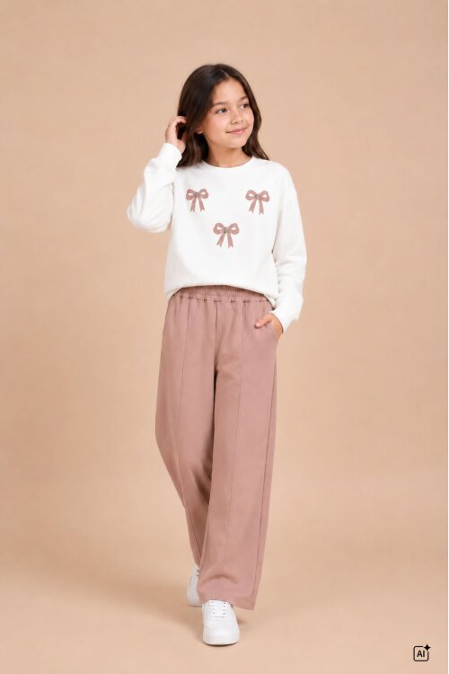 Kahverengi Kız Çocuk Fiyonk Desenli Sweatshirt Geniş Paça Eşofman Takımı 24825