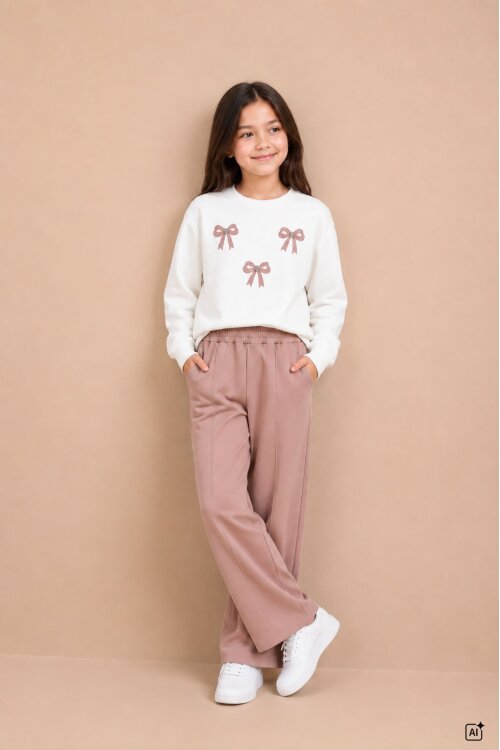 Kahverengi Kız Çocuk Fiyonk Desenli Sweatshirt Geniş Paça Eşofman Takımı 24825
