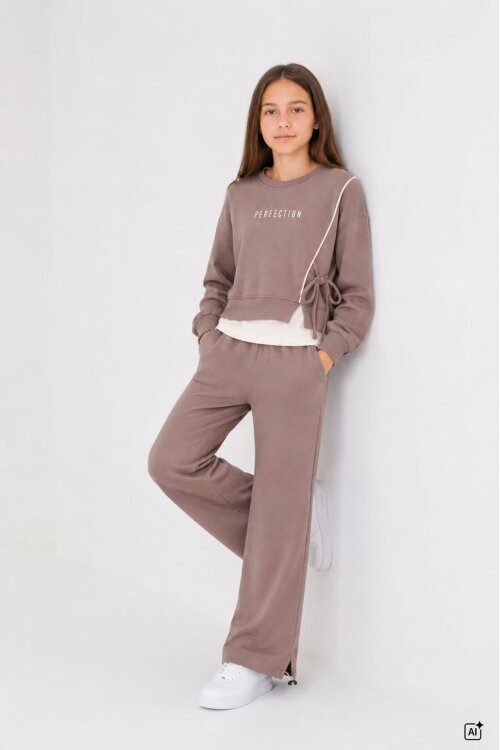 Kahverengi Kız Çocuk Garnili Sweatshirt Lastikli Paça Eşofmanlı 2li Alt Üst Takım 24767