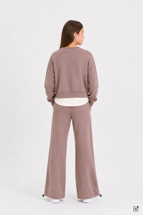 Kahverengi Kız Çocuk Garnili Sweatshirt Lastikli Paça Eşofmanlı 2li Alt Üst Takım 24767
