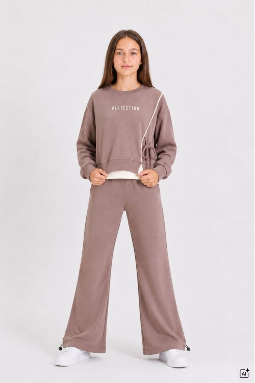 Kahverengi Kız Çocuk Garnili Sweatshirt Lastikli Paça Eşofmanlı 2li Alt Üst Takım 24767