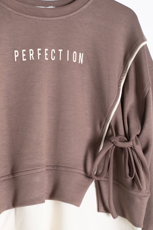 Kahverengi Kız Çocuk Garnili Sweatshirt Lastikli Paça Eşofmanlı 2li Alt Üst Takım 24767