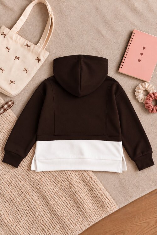 Kahverengi Kız Çocuk İki Renkli Fiyonk Detaylı Kapüşonlu Sweatshirt 25120
