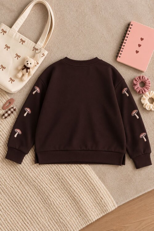 Kahverengi Kız Çocuk Mushrooms Baskılı Uzun Kol Bisiklet Yaka Sweatshirt 25098