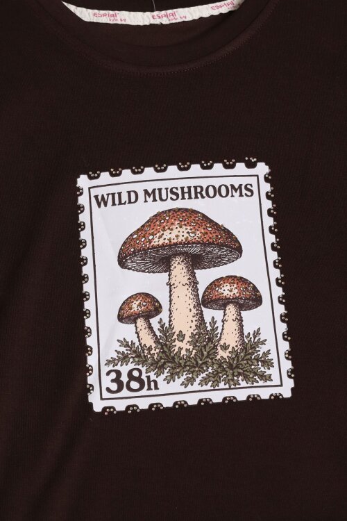 Kahverengi Kız Çocuk Mushrooms Baskılı Uzun Kol Bisiklet Yaka Sweatshirt 25098