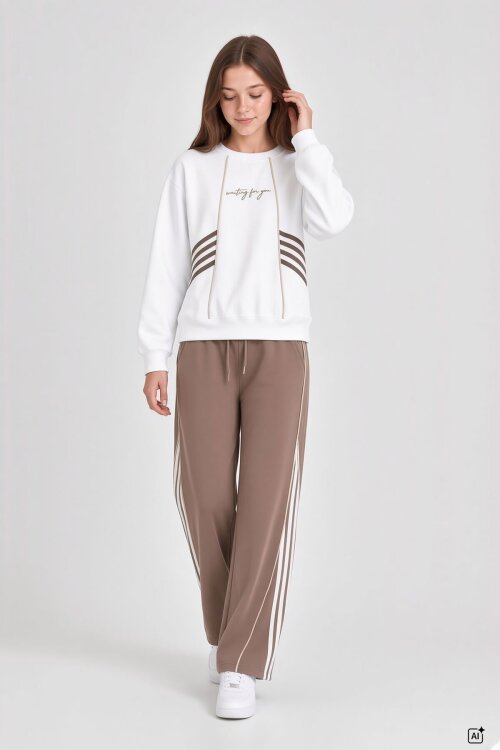 Kahverengi Kız Çocuk Şeritli Sweatshirt Geniş Paça Eşofman Takımı  24682