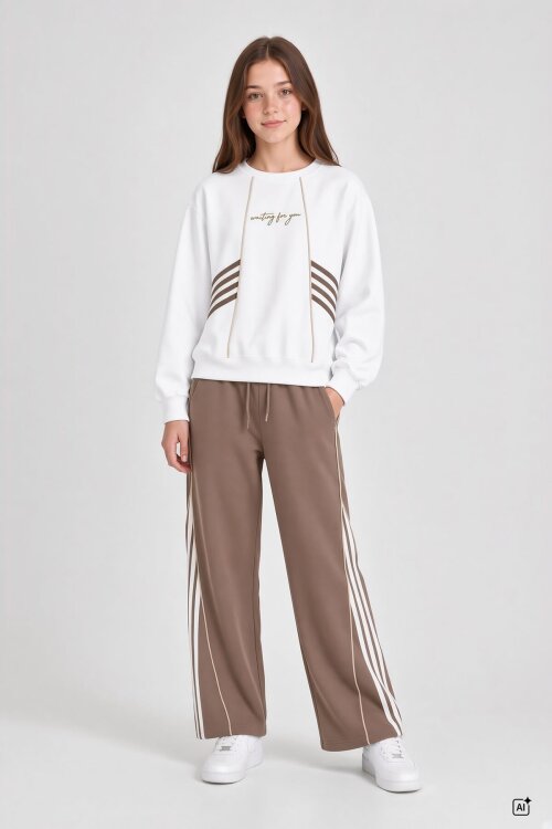 Kahverengi Kız Çocuk Şeritli Sweatshirt Geniş Paça Eşofman Takımı  24682